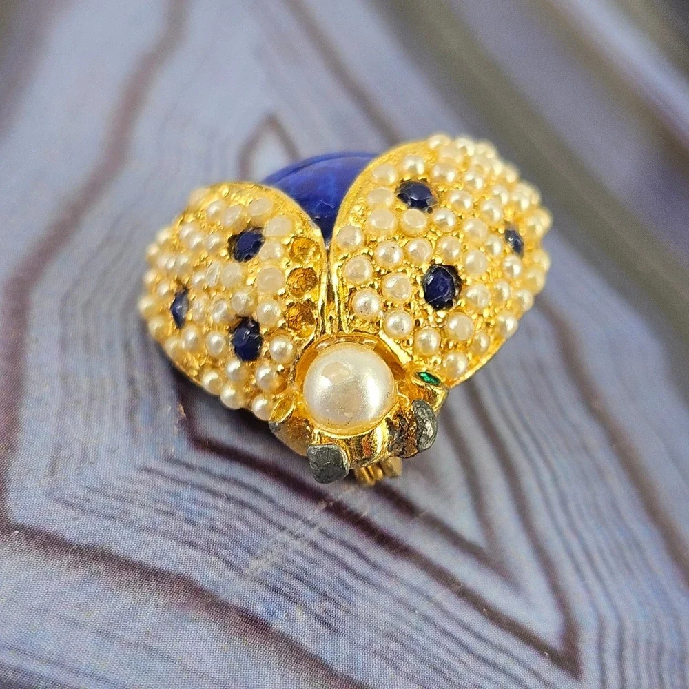 Carlyle Vintage Gold Tone Ladybug Brooch Faux Pearl‎ Blue Lapis Cabochon Beetle